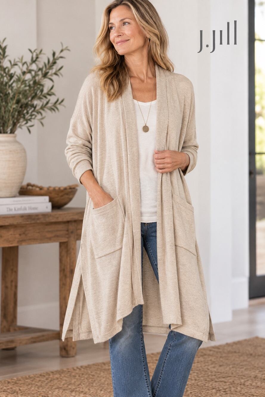 NWT J.Jill Oatmeal Long Open Front Cardigan Duster Sweater Pockets size M Petite